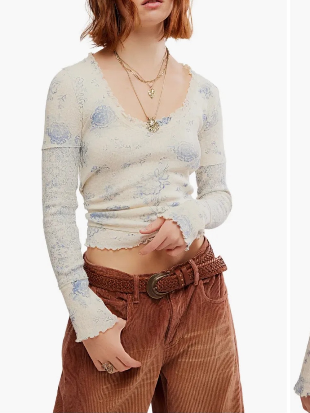 We the free - clover Cream Long Sleeve Floral Ribbed Top